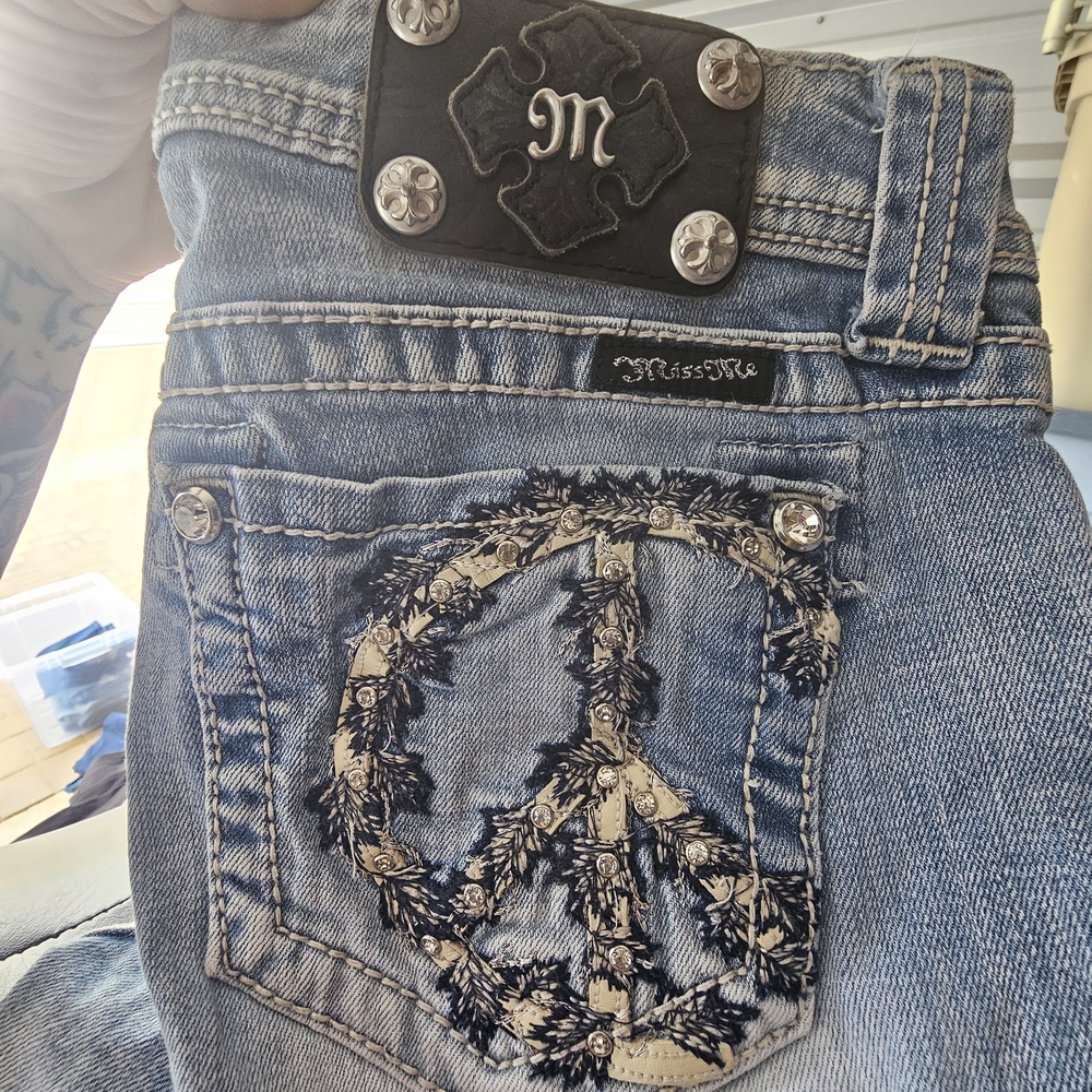 Miss Me Blue Jeans with Peace Sign Design